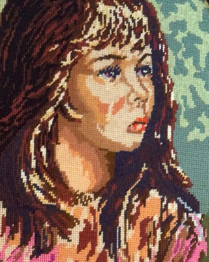 Vintage Needlepoint Girl Portrait Ornate solid Tiger Oak Wood Frame Picture