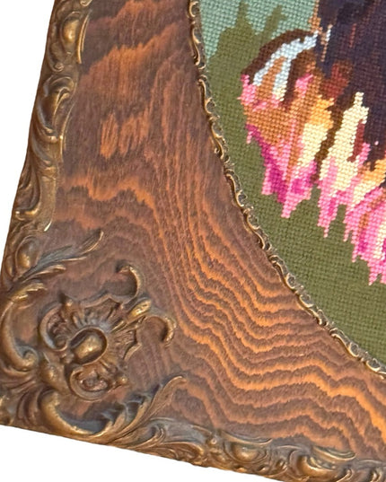 Vintage Needlepoint Girl Portrait Ornate solid Tiger Oak Wood Frame Picture