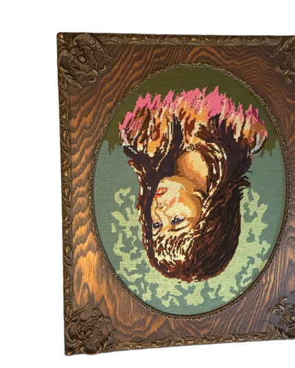 Vintage Needlepoint Girl Portrait Ornate solid Tiger Oak Wood Frame Picture