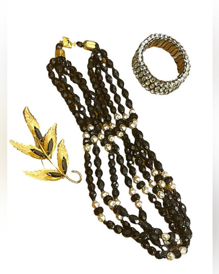 1950s Vintage Jewelry LOT Black crystal gold plt leaf brooch crystal bangle