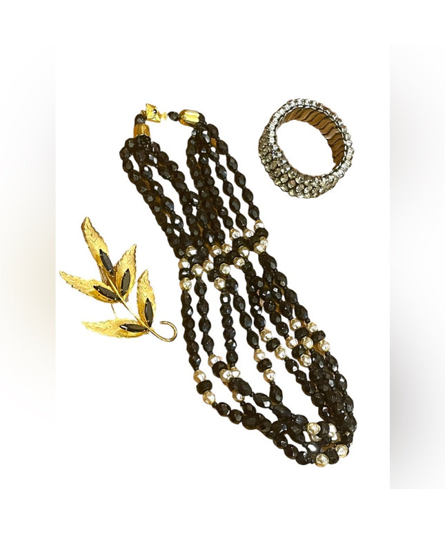1950s Vintage Jewelry LOT Black crystal gold plt leaf brooch crystal bangle