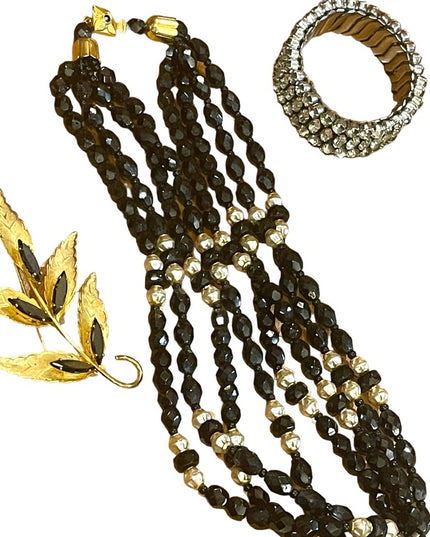1950s Vintage Jewelry LOT Black crystal gold plt leaf brooch crystal bangle