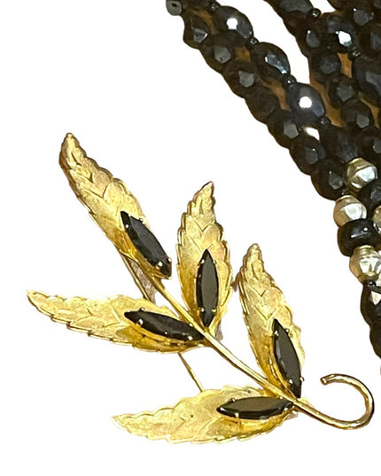 1950s Vintage Jewelry LOT Black crystal gold plt leaf brooch crystal bangle