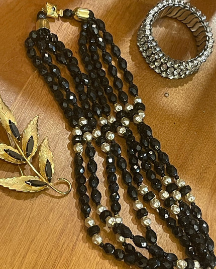 1950s Vintage Jewelry LOT Black crystal gold plt leaf brooch crystal bangle