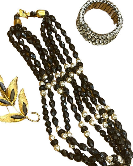 1950s Vintage Jewelry LOT Black crystal gold plt leaf brooch crystal bangle