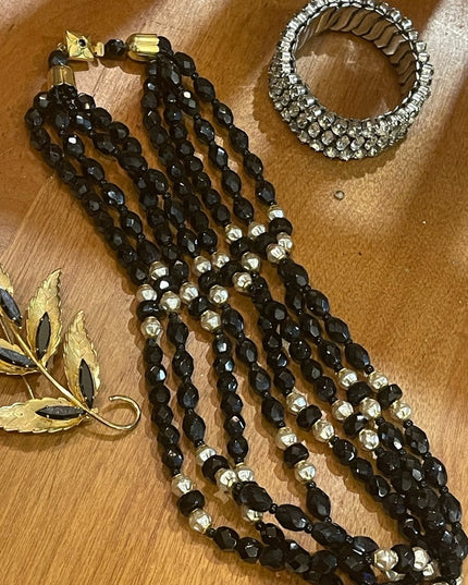 1950s Vintage Jewelry LOT Black crystal gold plt leaf brooch crystal bangle