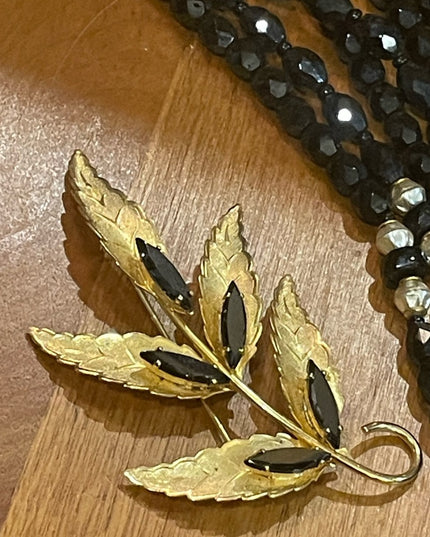 1950s Vintage Jewelry LOT Black crystal gold plt leaf brooch crystal bangle