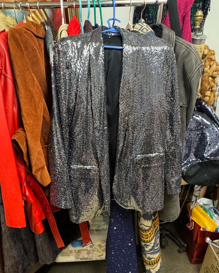 Tahari Sequin Jazzy Stunning Sparkle Blazer Silver Metalic