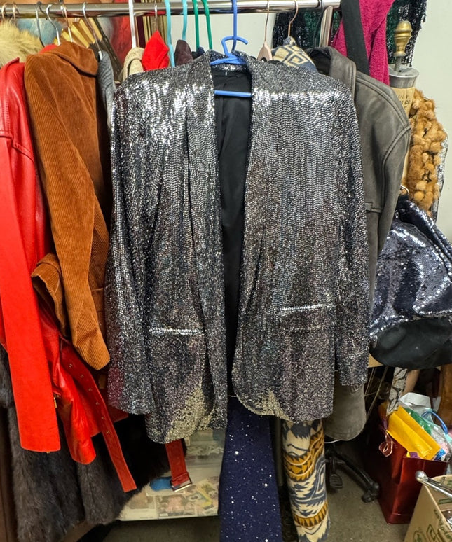 Tahari Sequin Jazzy Stunning Sparkle Blazer Silver Metalic