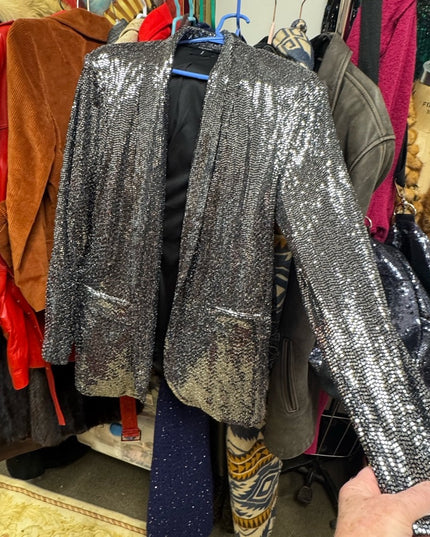 Tahari Sequin Jazzy Stunning Sparkle Blazer Silver Metalic