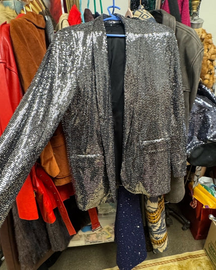 Tahari Sequin Jazzy Stunning Sparkle Blazer Silver Metalic