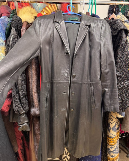 Vintage 2000s Danier Mid Length black leather Belted Coat