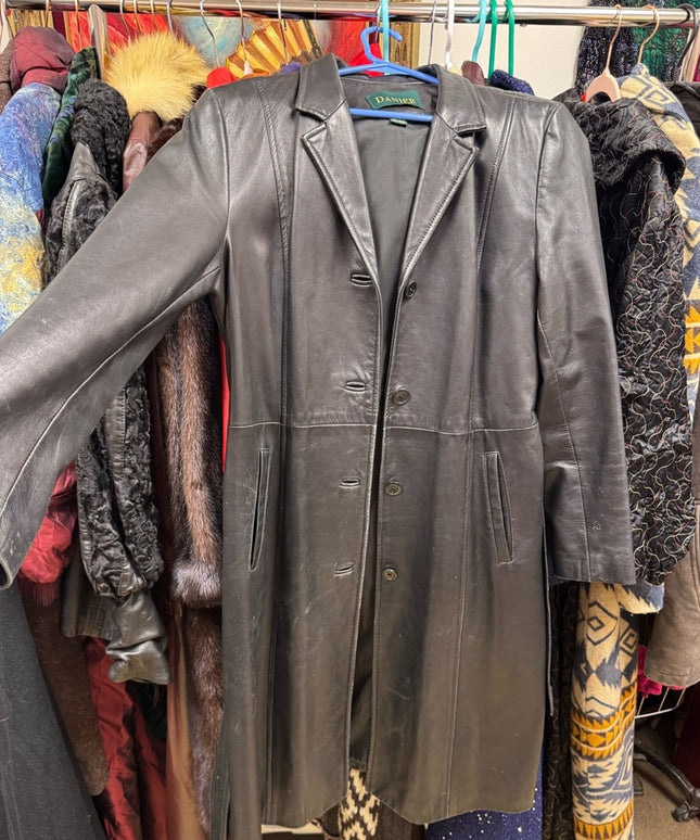 Vintage 2000s Danier Mid Length black leather Belted Coat