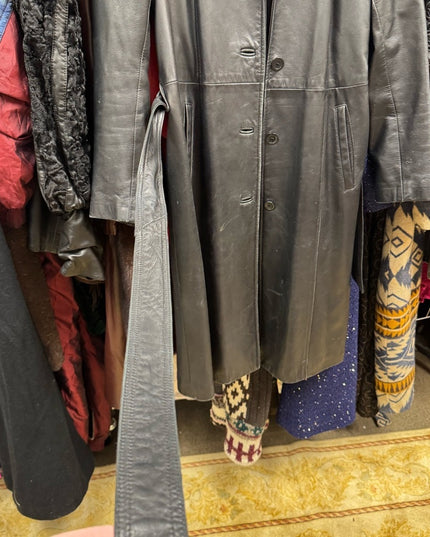 Vintage 2000s Danier Mid Length black leather Belted Coat