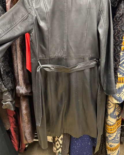 Vintage 2000s Danier Mid Length black leather Belted Coat