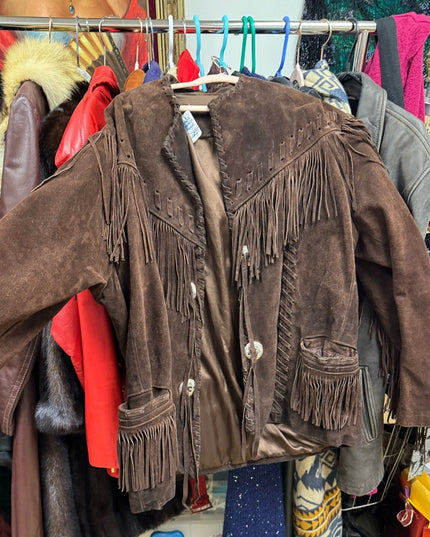 Stunning Heavy Brown Leather Suede Fringe Coat 1970s Southwestern Navajo