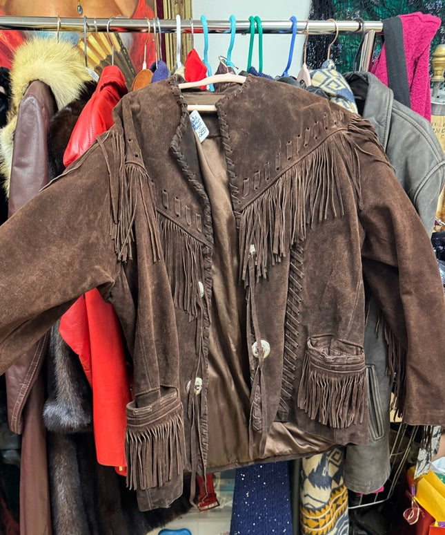 Stunning Heavy Brown Leather Suede Fringe Coat 1970s Southwestern Navajo