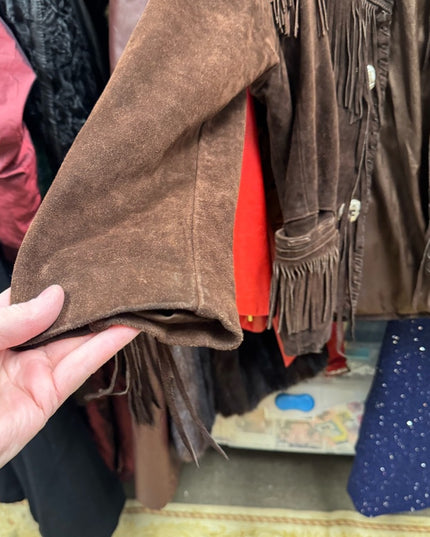 Stunning Heavy Brown Leather Suede Fringe Coat 1970s Southwestern Navajo
