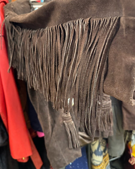 Stunning Heavy Brown Leather Suede Fringe Coat 1970s Southwestern Navajo