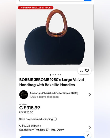BOBBIE JEROME 1950's Large Velvet Handbag with Bakelite Handles