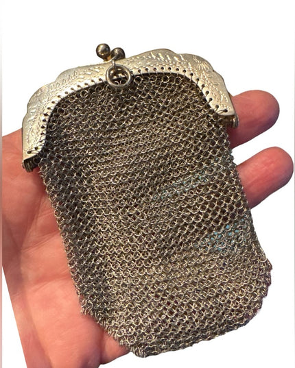 Elegant Antique Sterling Silver 800 Etched Chainmail Mesh Change Purse Bag 1800s