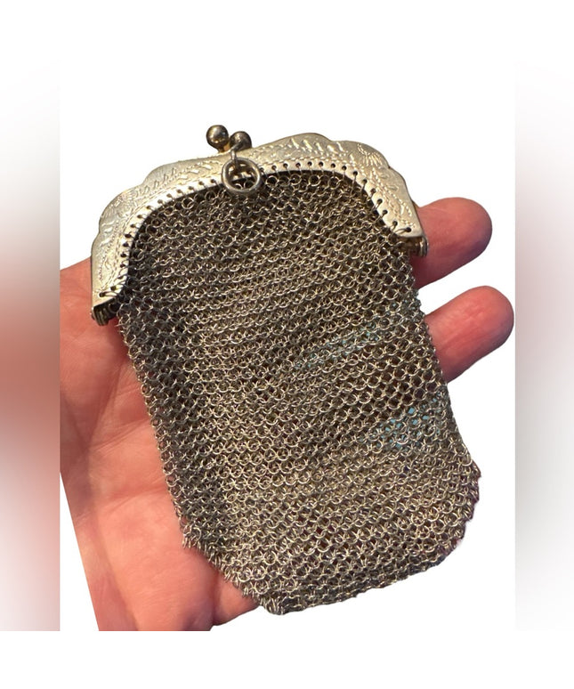 Elegant Antique Sterling Silver 800 Etched Chainmail Mesh Change Purse Bag 1800s
