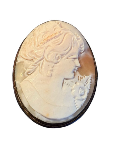 Antique Large Sterling Silver 800 Carved Shell Cameo Brooch Pendant