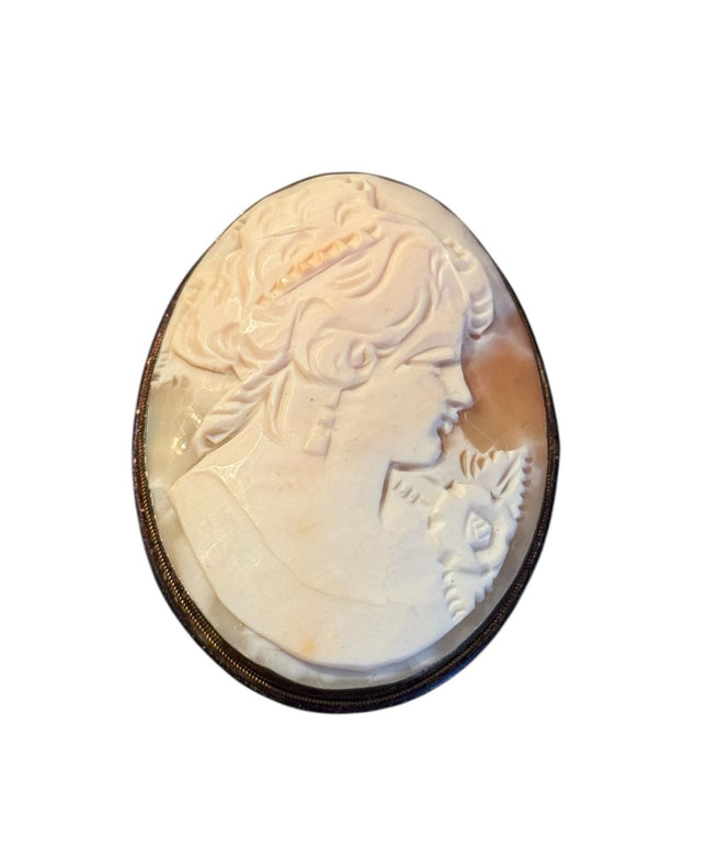 Antique Large Sterling Silver 800 Carved Shell Cameo Brooch Pendant