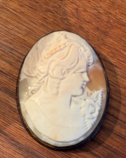 Antique Large Sterling Silver 800 Carved Shell Cameo Brooch Pendant
