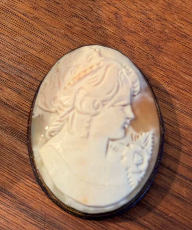 Antique Large Sterling Silver 800 Carved Shell Cameo Brooch Pendant