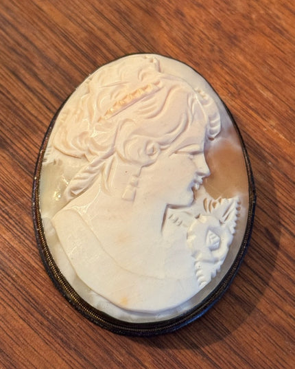 Antique Large Sterling Silver 800 Carved Shell Cameo Brooch Pendant