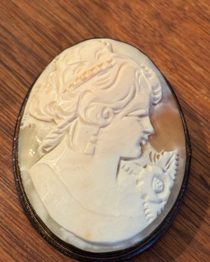 Antique Large Sterling Silver 800 Carved Shell Cameo Brooch Pendant