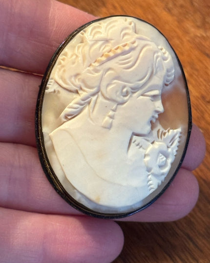 Antique Large Sterling Silver 800 Carved Shell Cameo Brooch Pendant