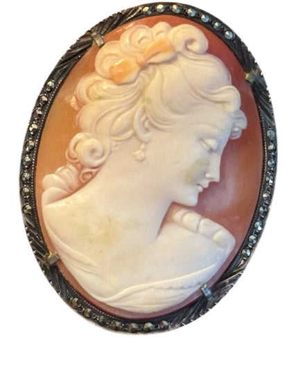 Elegant Large Sterling Silver Marcasite Hand Carved Antique Cameo Brooch Pendant