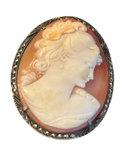 Elegant Large Sterling Silver Marcasite Hand Carved Antique Cameo Brooch Pendant