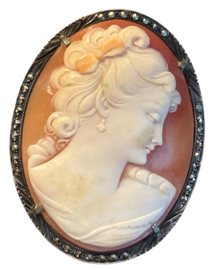 Elegant Large Sterling Silver Marcasite Hand Carved Antique Cameo Brooch Pendant