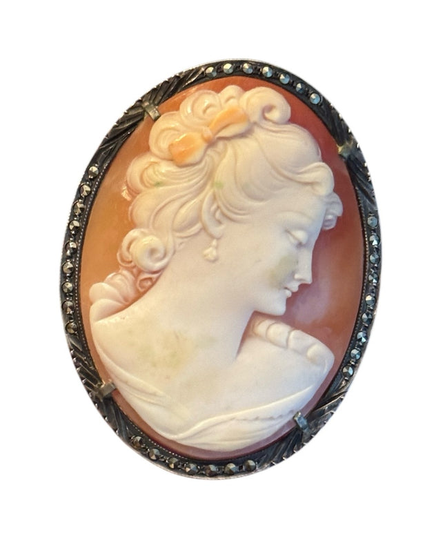 Elegant Large Sterling Silver Marcasite Hand Carved Antique Cameo Brooch Pendant