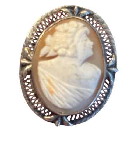 Elegant Antique Sterling Silver Handcarved Ornate Cameo Brooch Pendant