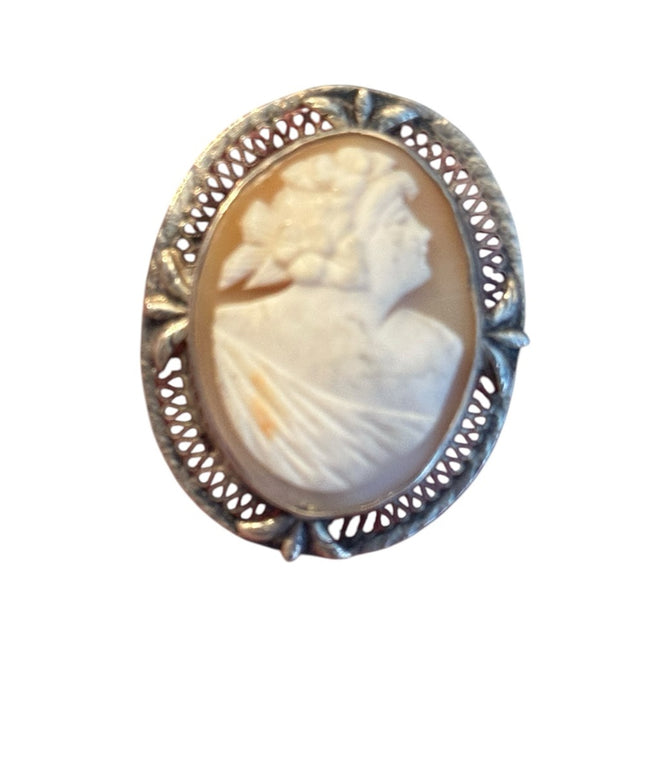 Elegant Antique Sterling Silver Handcarved Ornate Cameo Brooch Pendant