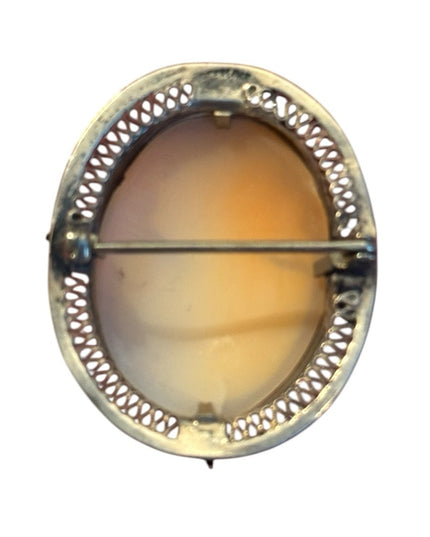 Elegant Antique Sterling Silver Handcarved Ornate Cameo Brooch Pendant