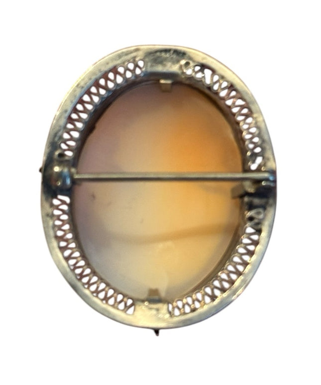 Elegant Antique Sterling Silver Handcarved Ornate Cameo Brooch Pendant