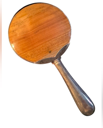 Antique Handmade wood & Sterling Plt Handheld Mirror Wooden Back German