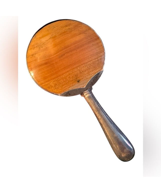 Antique Handmade wood & Sterling Plt Handheld Mirror Wooden Back German