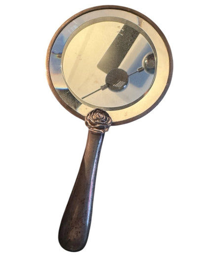 Antique Handmade wood & Sterling Plt Handheld Mirror Wooden Back German