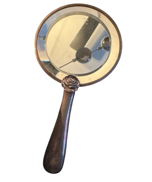 Antique Handmade wood & Sterling Plt Handheld Mirror Wooden Back German