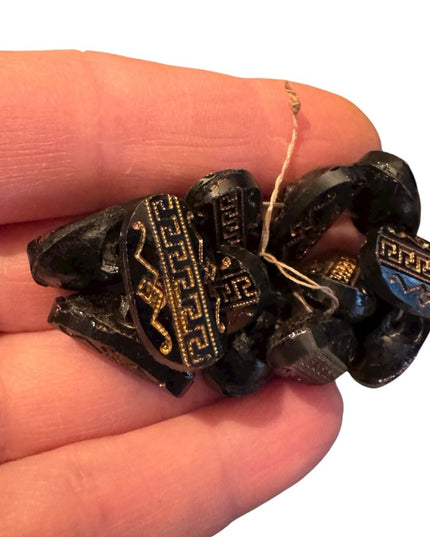 Antique Gold Etched Greek Key Czech Glass Black Decorative Buttons