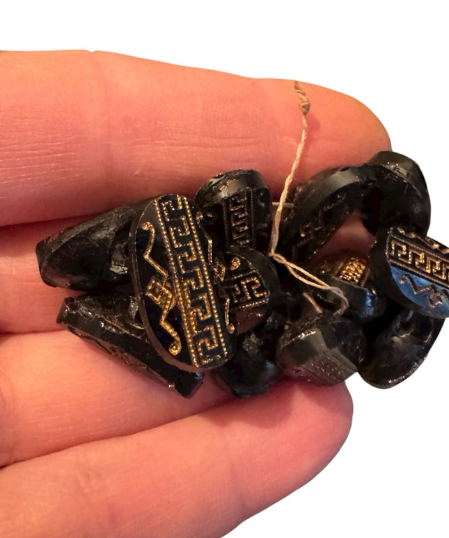 Antique Gold Etched Greek Key Czech Glass Black Decorative Buttons