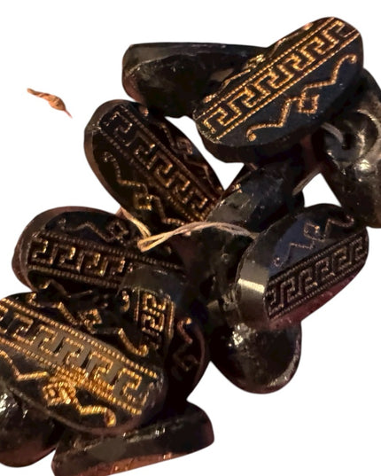 Antique Gold Etched Greek Key Czech Glass Black Decorative Buttons