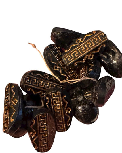 Antique Gold Etched Greek Key Czech Glass Black Decorative Buttons