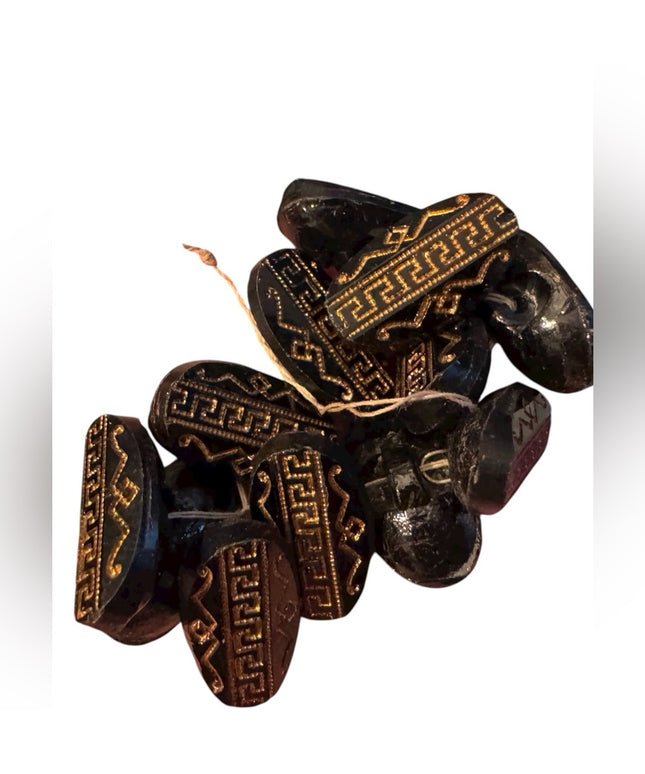 Antique Gold Etched Greek Key Czech Glass Black Decorative Buttons